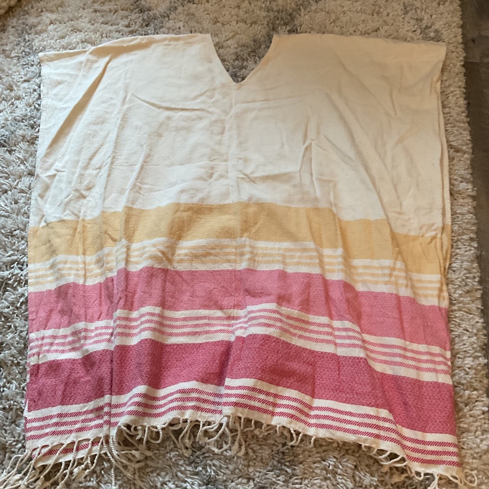 Tribe Alive Handmade Cotton Fringed Poncho Pink Yellow Striped V-Neck One Size